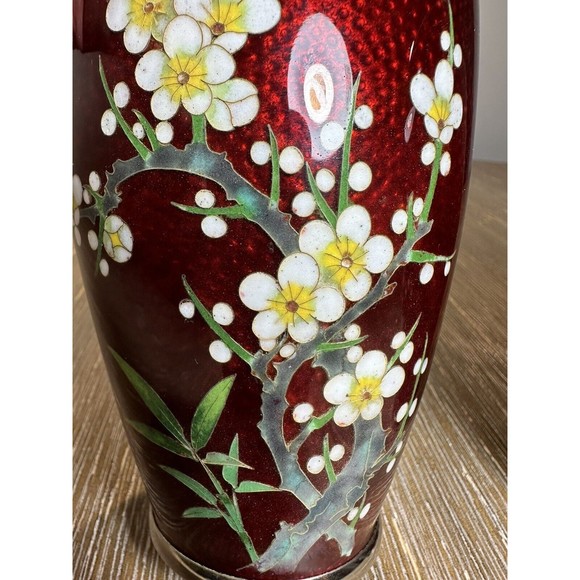 Pair VTG/Antique Japanese Cloisonné Ginbari Vases - Red, Plum Branches Blossoms - Picture 4 of 10
